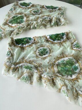 Pair of vintage 60s sheer floral swag valances, green flower bouquets